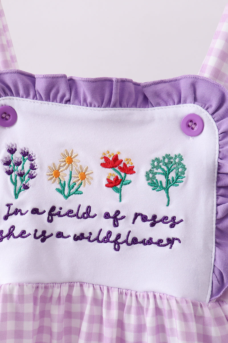 Purple floral embroidery gingham ruffle shorts set - Aaria Tees Aaria Tees