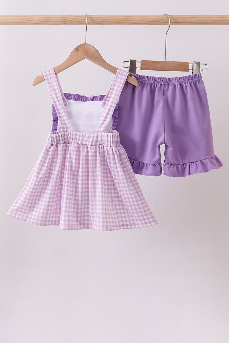 Purple floral embroidery gingham ruffle shorts set - Aaria Tees Aaria Tees