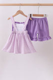 Purple floral embroidery gingham ruffle shorts set - Aaria Tees Aaria Tees