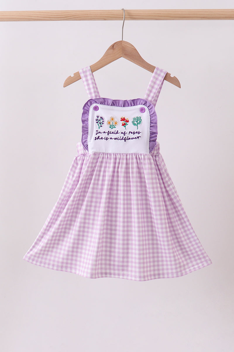 Purple floral embroidery gingham ruffle dress - Aaria Tees Aaria Tees