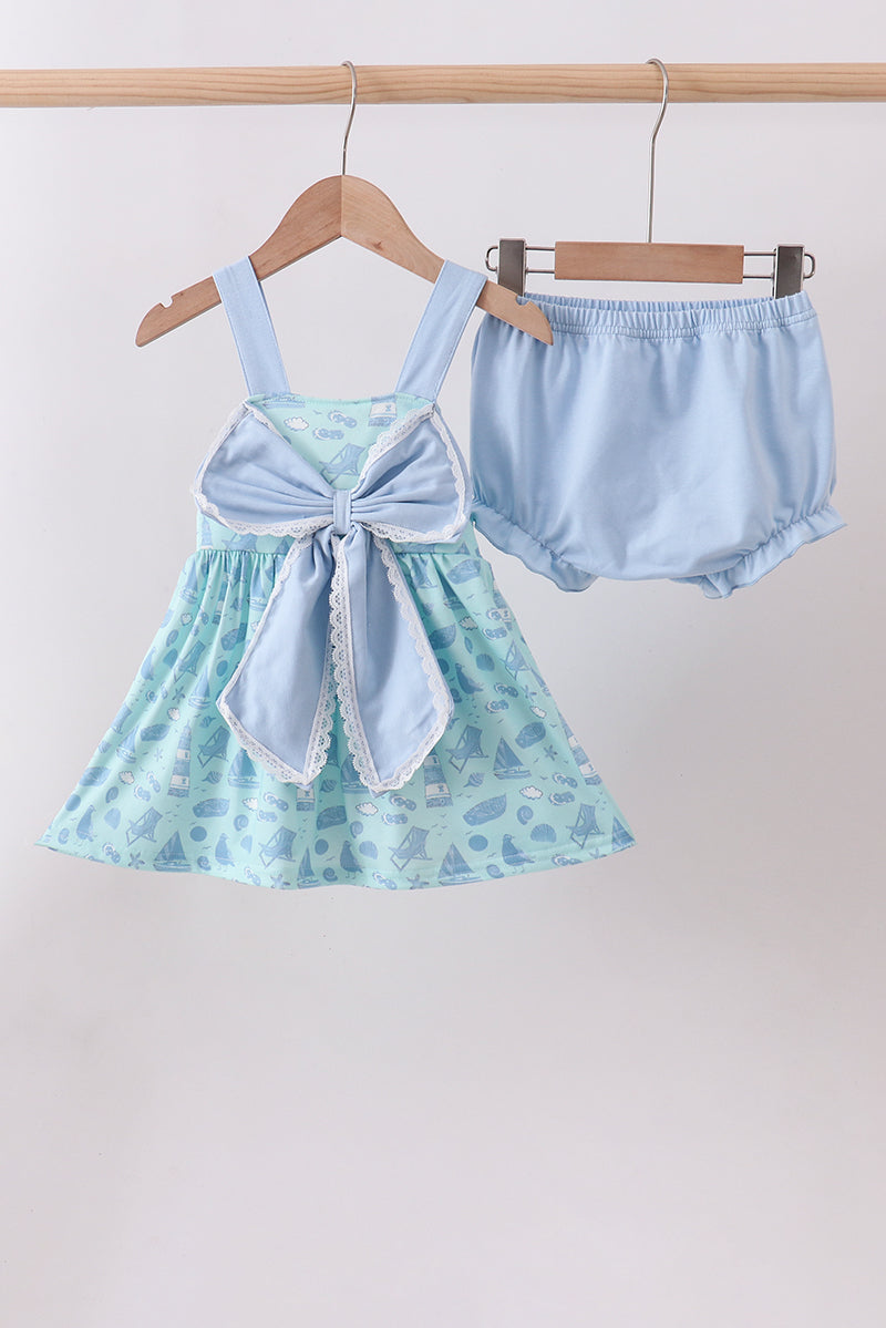 Blue beach print bow bloomer set - Aaria Tees Aaria Tees