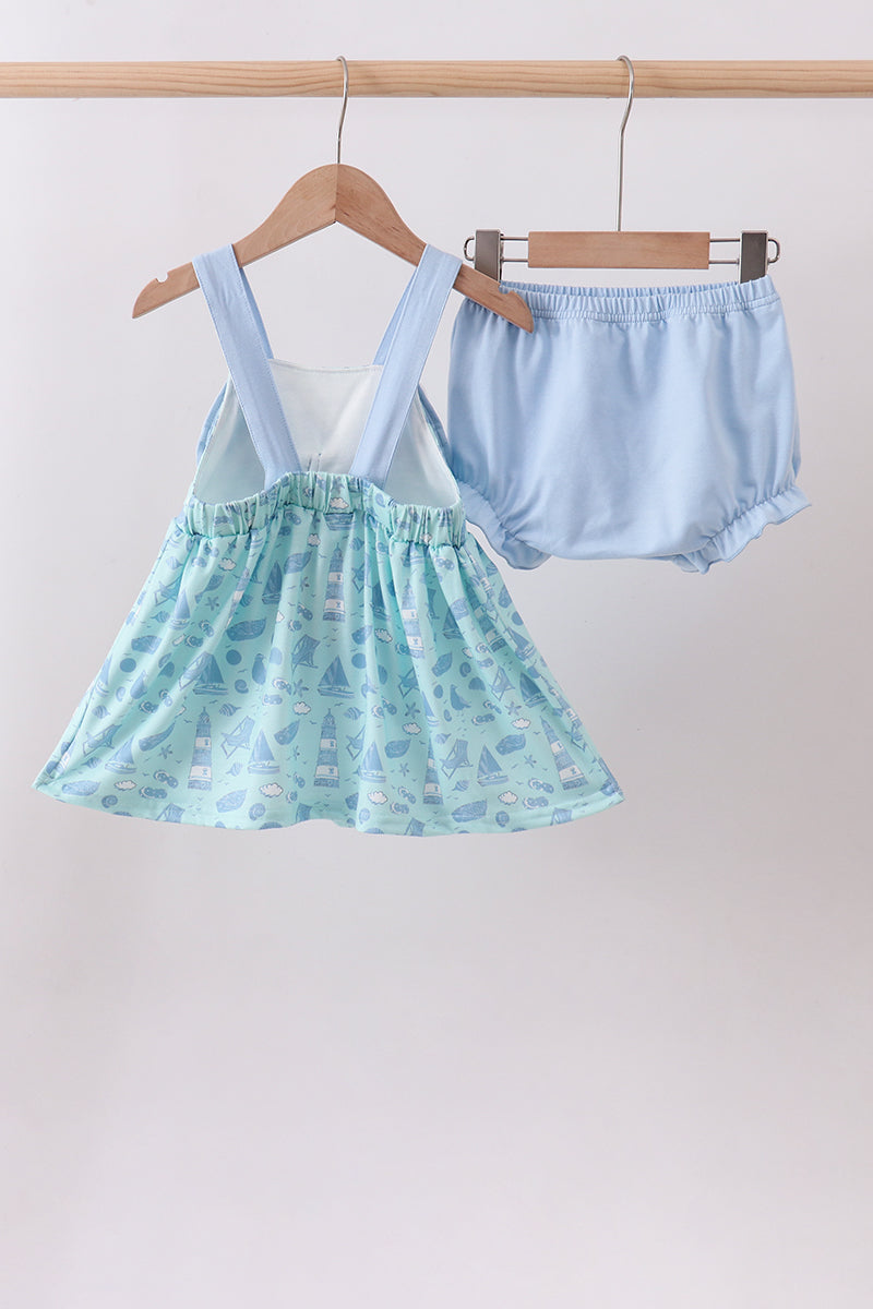 Blue beach print bow bloomer set - Aaria Tees Aaria Tees