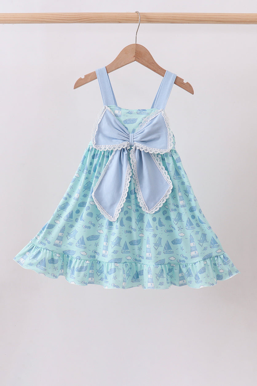Blue beach print bow ruffle dress - Aaria Tees Aaria Tees