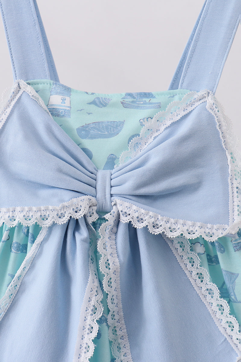 Blue beach print bow ruffle dress - Aaria Tees Aaria Tees