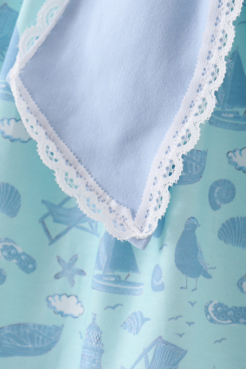 Blue beach print bow ruffle dress - Aaria Tees Aaria Tees