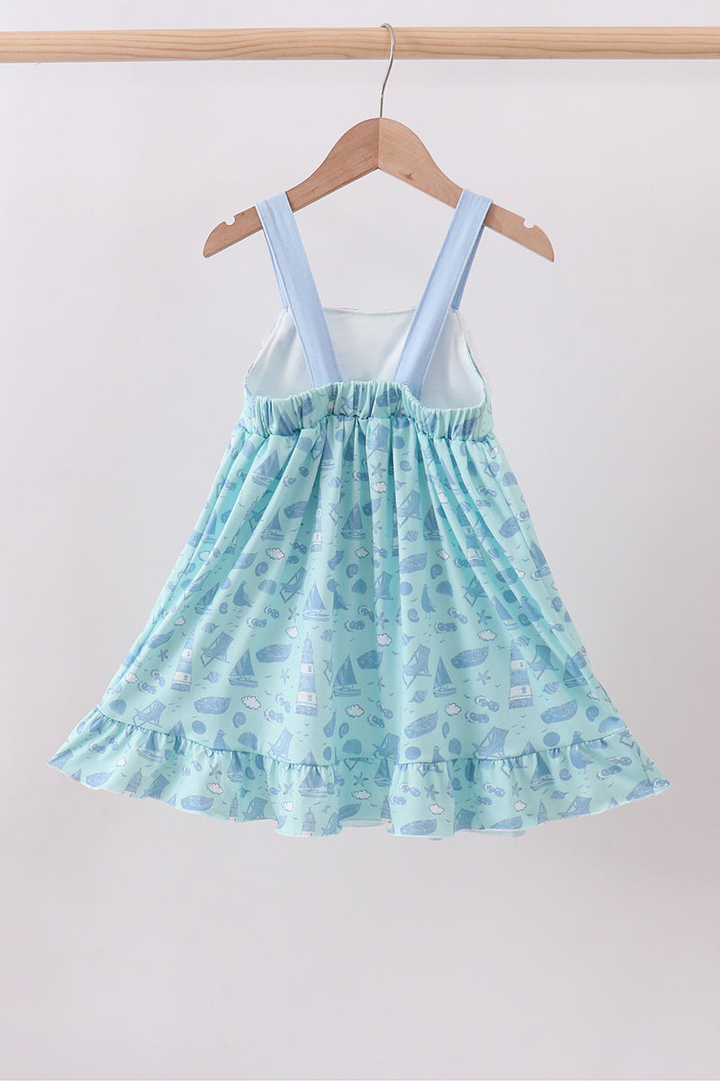 Blue beach print bow ruffle dress - Aaria Tees Aaria Tees