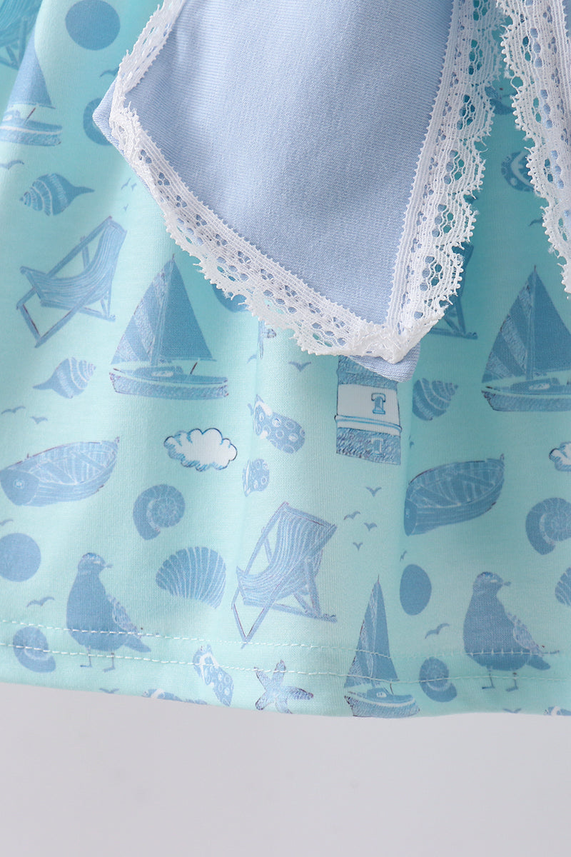 Blue beach print bow ruffle shorts set - Aaria Tees Aaria Tees