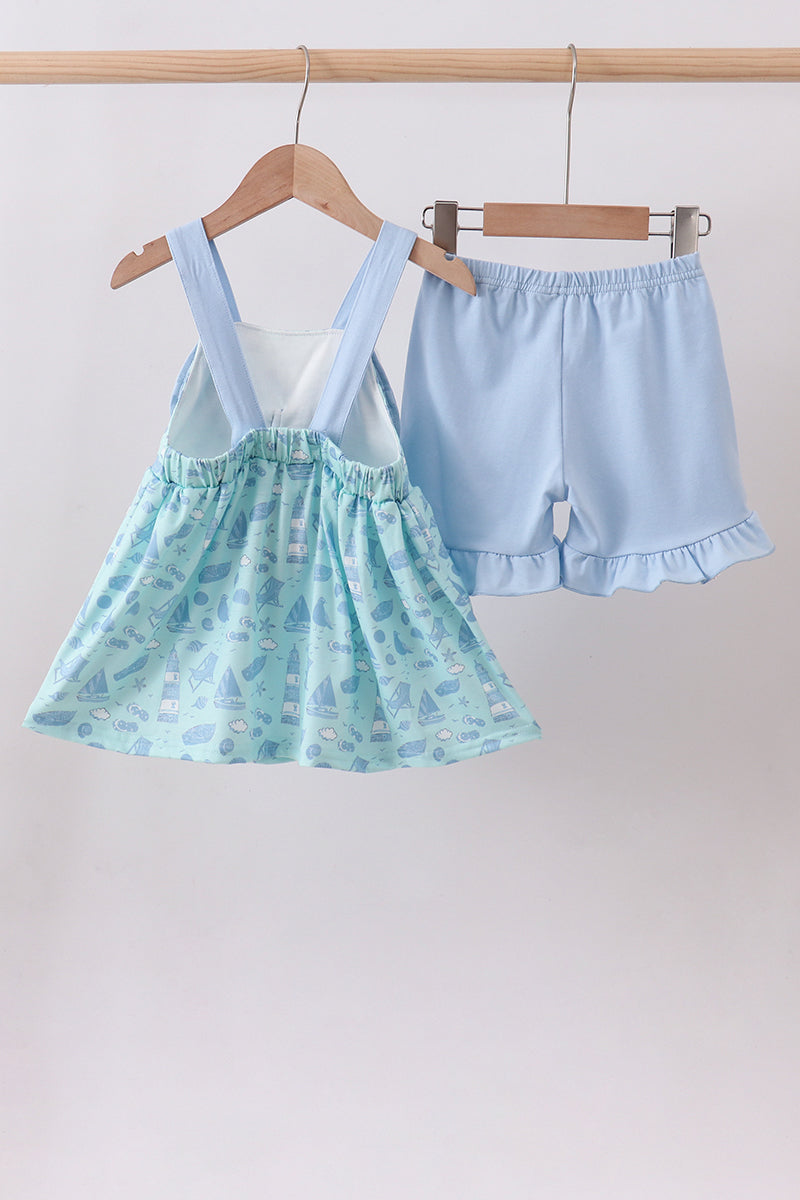 Blue beach print bow ruffle shorts set - Aaria Tees Aaria Tees