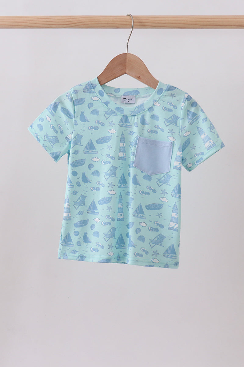 Blue beach print pocket top - Aaria Tees