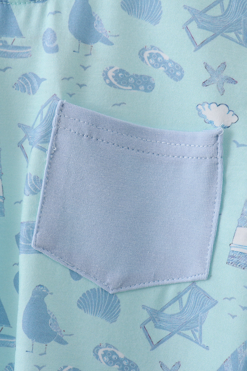 Blue beach print pocket top - Aaria Tees Aaria Tees