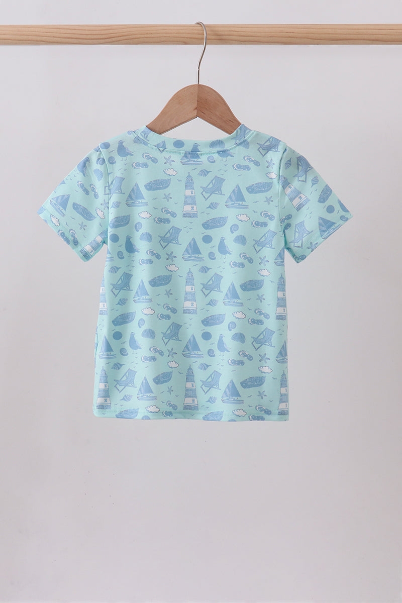 Blue beach print pocket top - Aaria Tees Aaria Tees