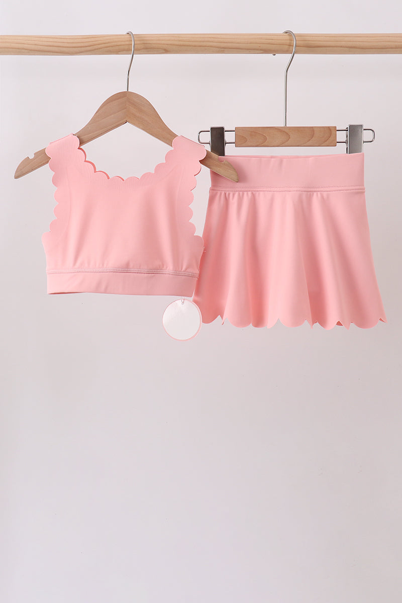 Pink Scalloped Yoga Skorts Set - Aaria Tees