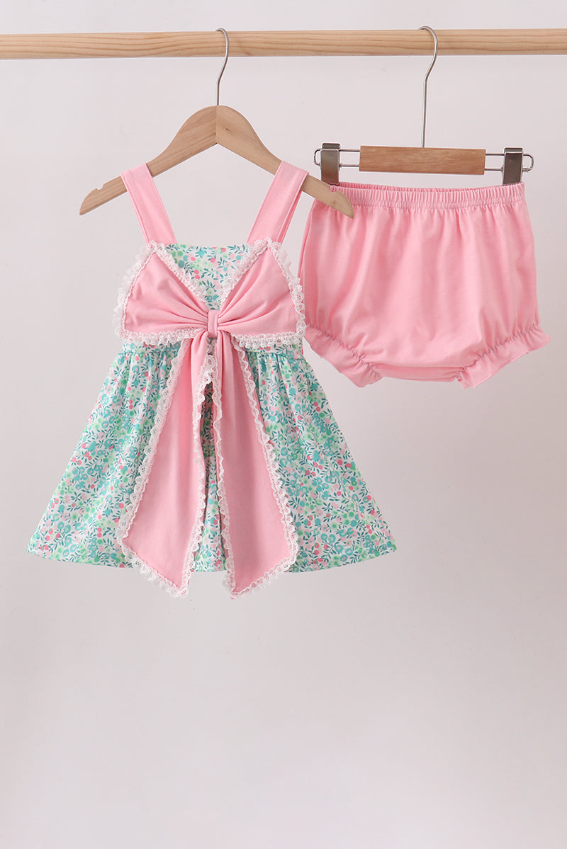 Pink Bow Floral Knit Bloomer Set - Aaria Tees Aaria Tees