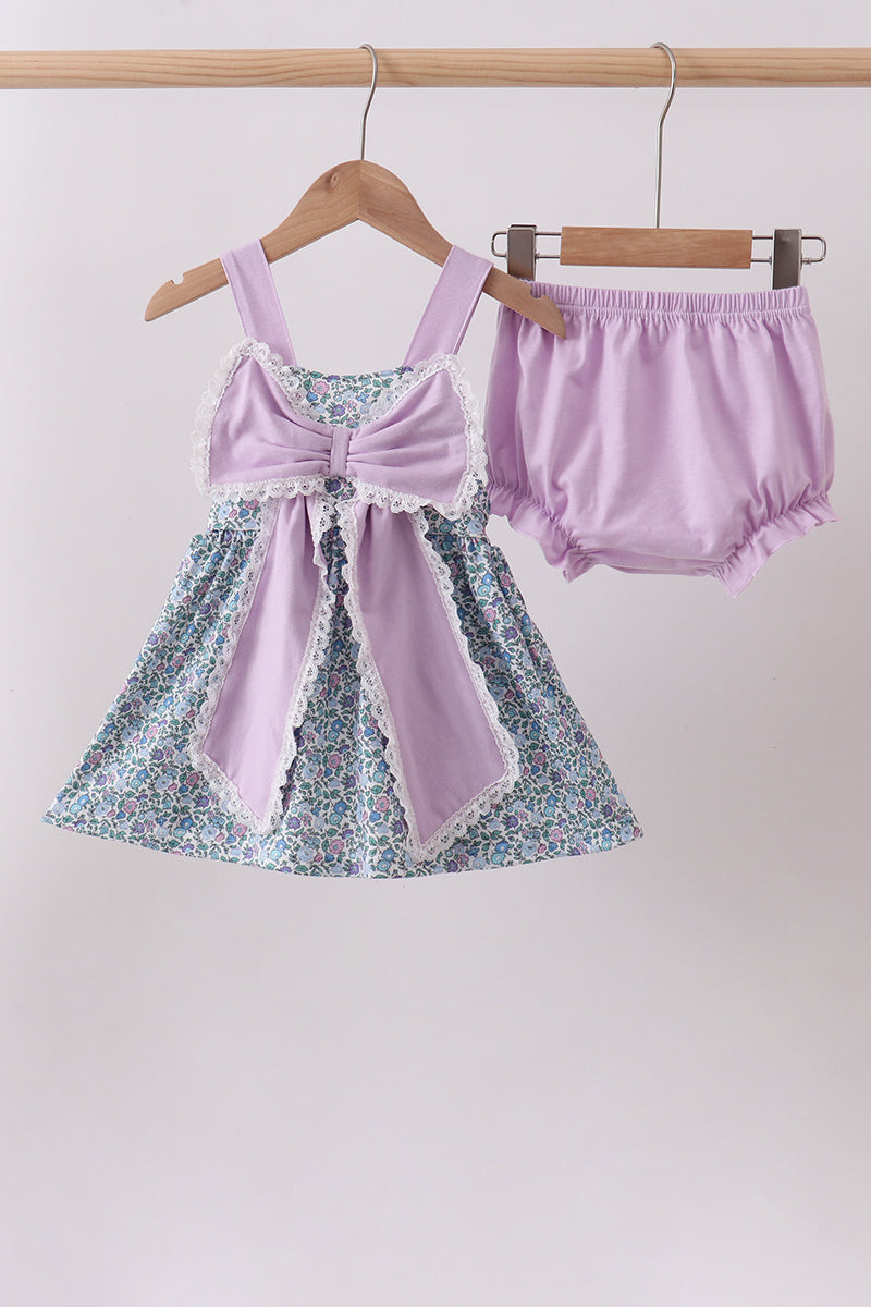 Purple floral print bow bloomer set - Aaria Tees Aaria Tees