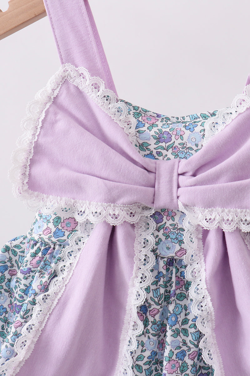 Purple floral print bow ruffle dress - Aaria Tees Aaria Tees