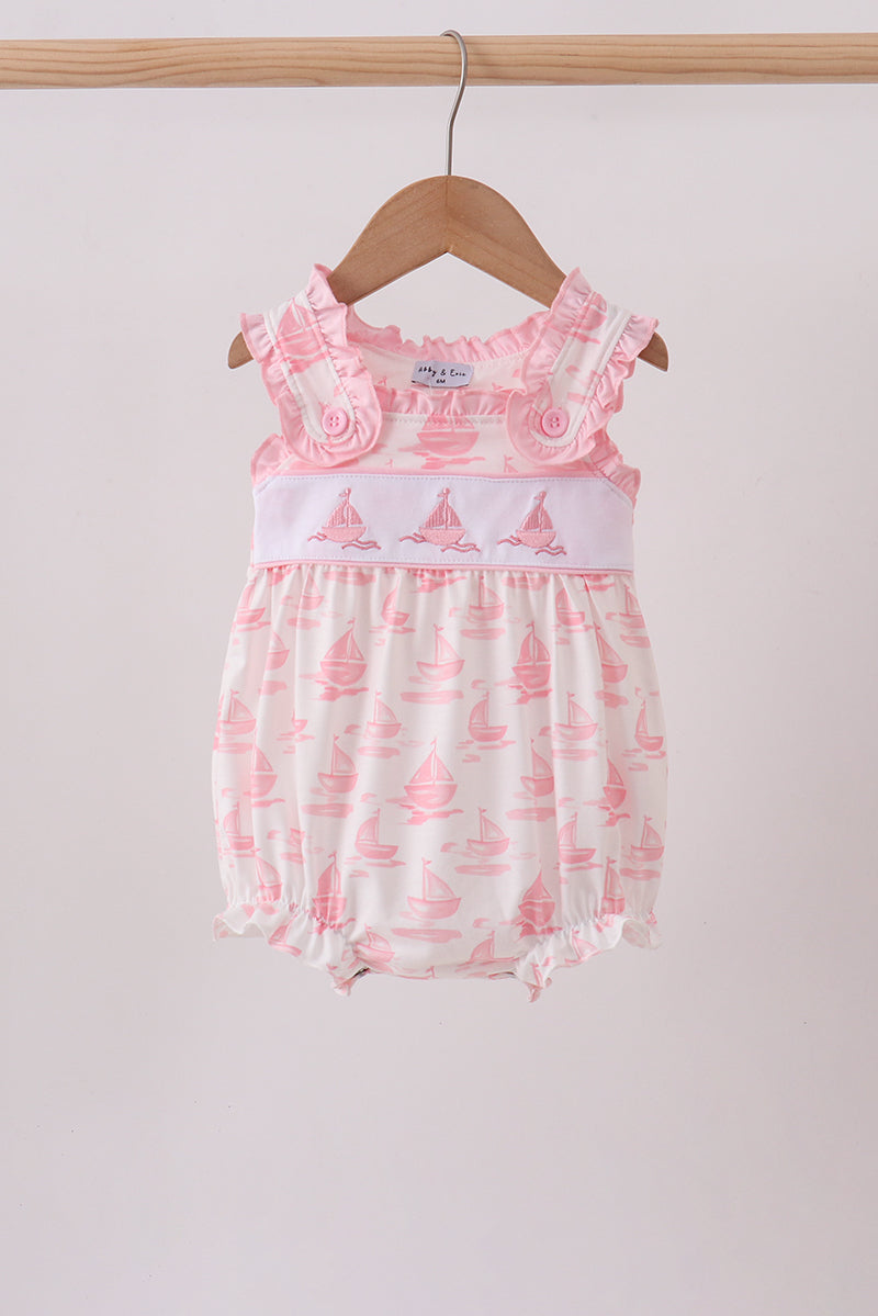 Pink Sailboat Embroidered Knit Bubble - Aaria Tees