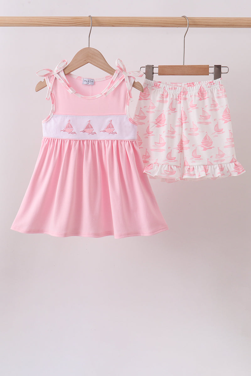 Pink Sailboat Embroidered Knit Set - Aaria Tees