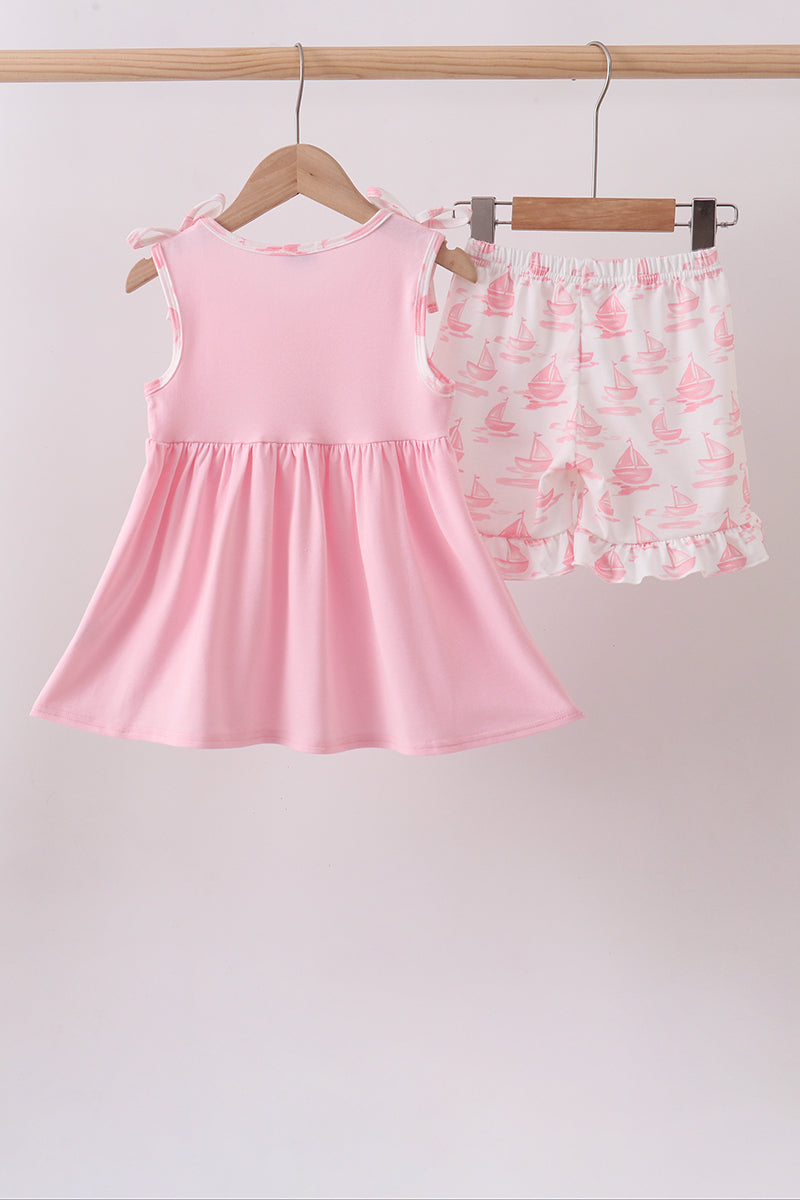 Pink Sailboat Embroidered Knit Set - Aaria Tees Aaria Tees