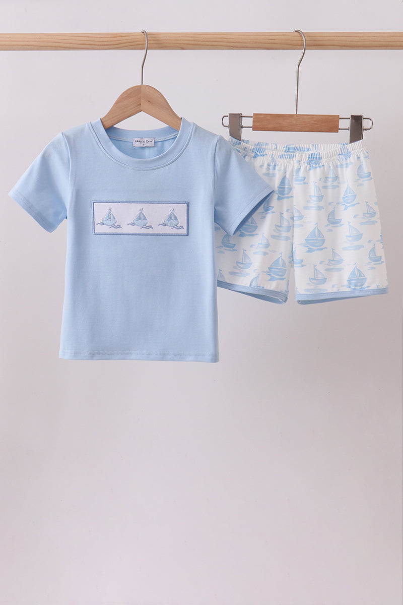 Blue Sailboat Embroidered Knit Set - Aaria Tees Aaria Tees
