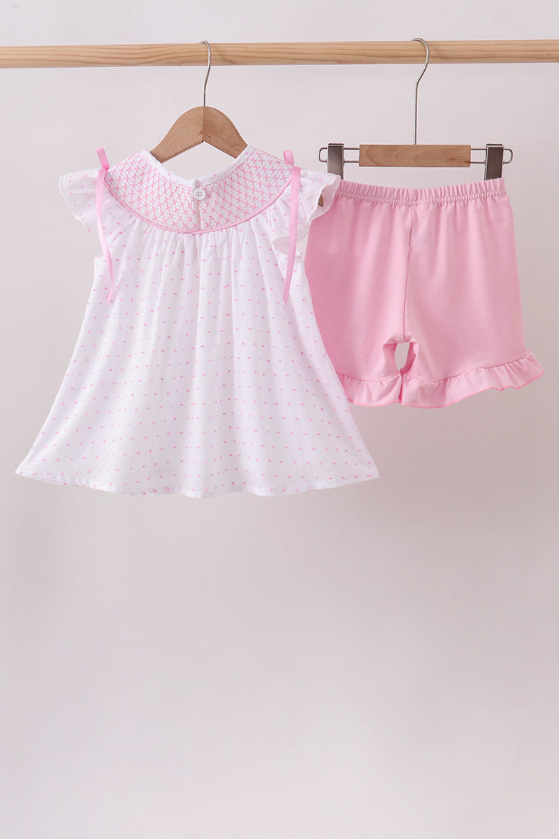 Pink Bow Smocked Swiss Dot Shorts Set - Aaria Tees Aaria Tees