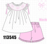 Pink Bow Smocked Swiss Dot Shorts Set Aaria Tees