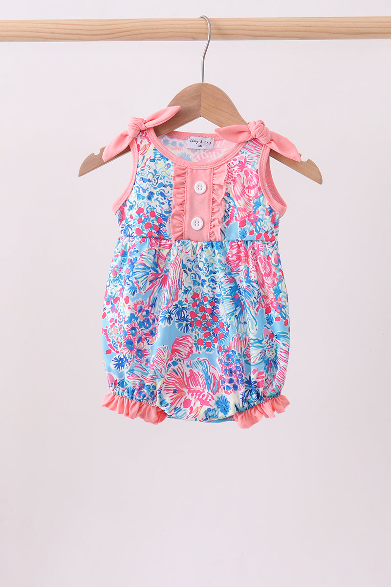 Pink tropical floral print ruffle bow bubble - Aaria Tees Aaria Tees