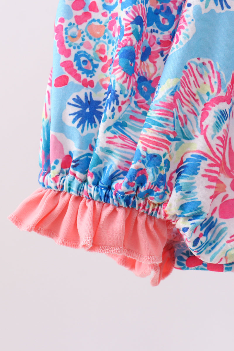 Pink tropical floral print ruffle bow bubble - Aaria Tees Aaria Tees