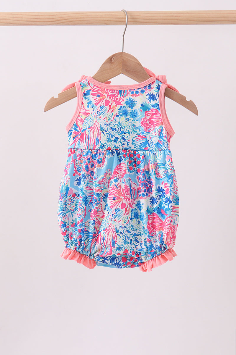 Pink tropical floral print ruffle bow bubble - Aaria Tees Aaria Tees