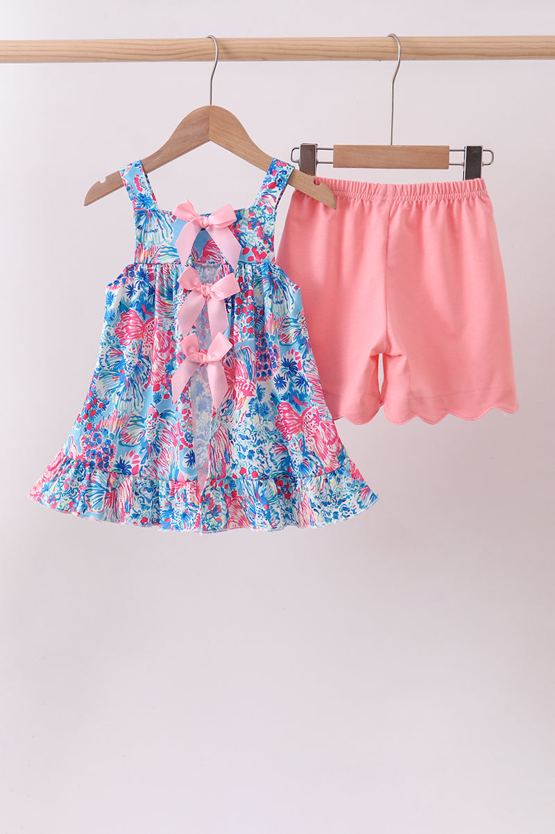 Pink tropical floral print ruffle shorts set - Aaria Tees Aaria Tees