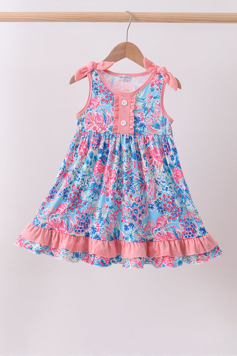 Pink tropical floral print ruffle dress - Aaria Tees Aaria Tees
