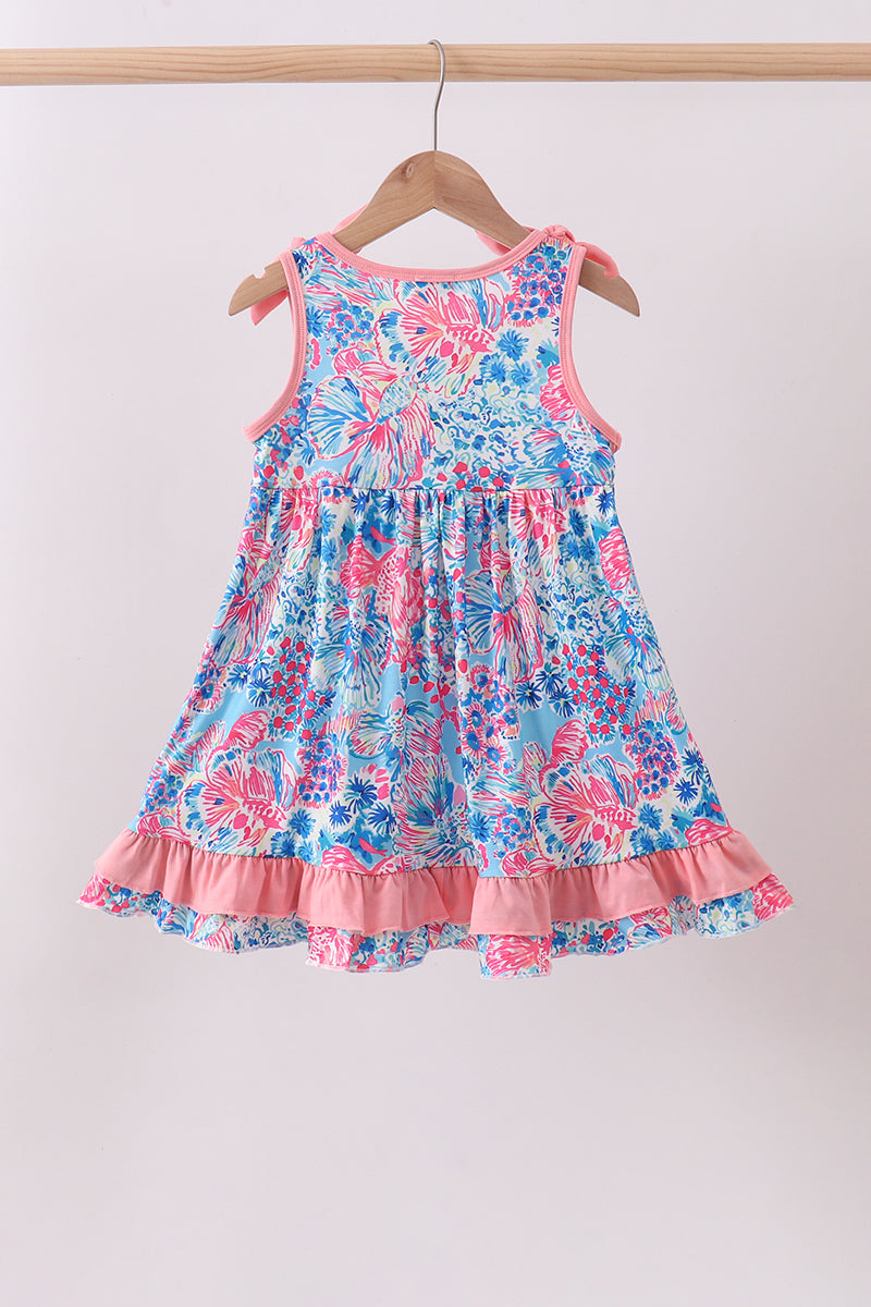 Pink tropical floral print ruffle dress - Aaria Tees Aaria Tees