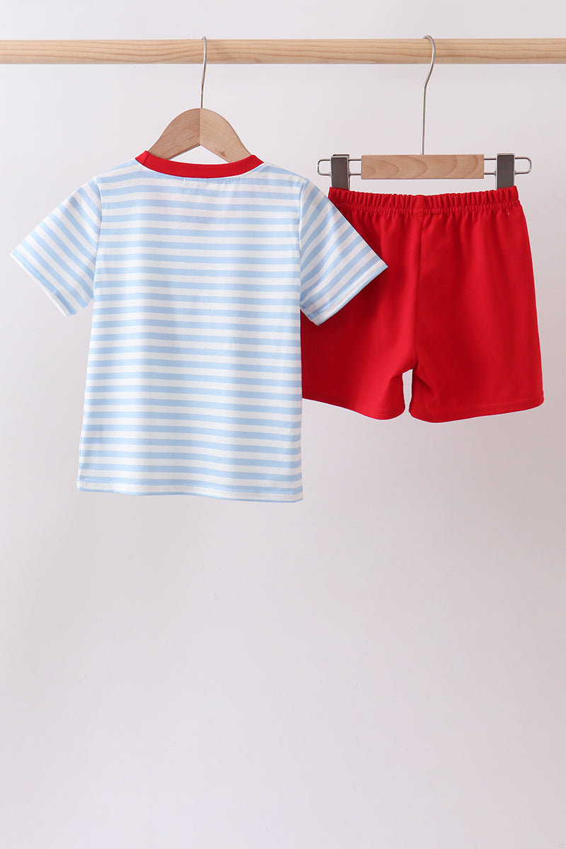 Blue Fire Engine Stripe Embroidered Set - Aaria Tees Aaria Tees