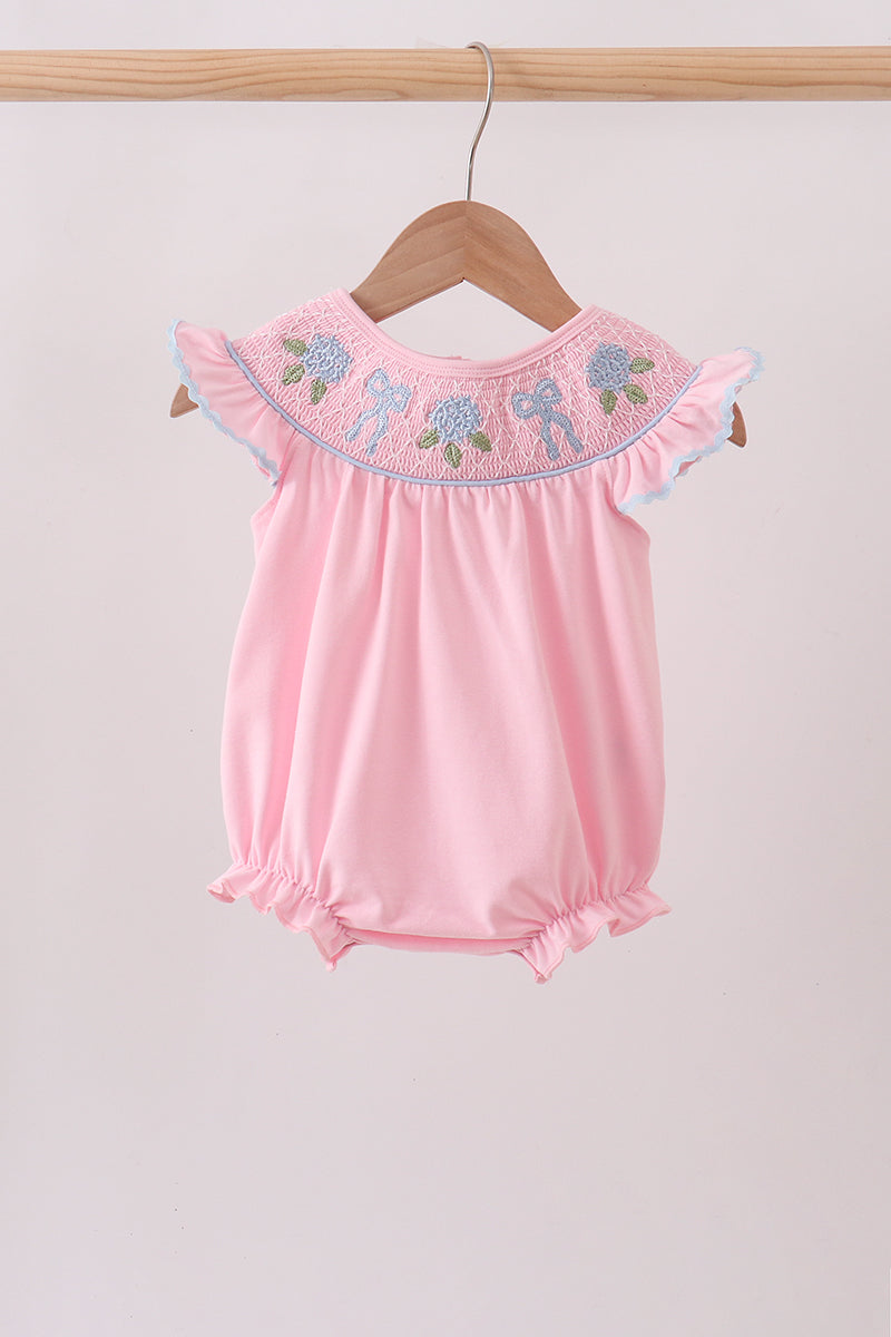 Pink Hydrangea Bow Smocked Bubble - Aaria Tees Aaria Tees