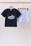 Navy Puppy Applique Seersucker Set Aaria Tees