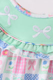 Green Bow Embroidered Checkered Dress Aaria Tees