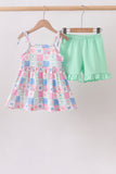 Green Bow Checkered Ruffle Shorts Set Aaria Tees