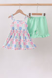 Green Bow Checkered Ruffle Shorts Set Aaria Tees