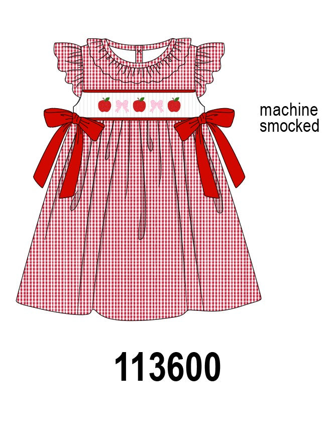 Red Apple Bow Smocked Gingham Dress