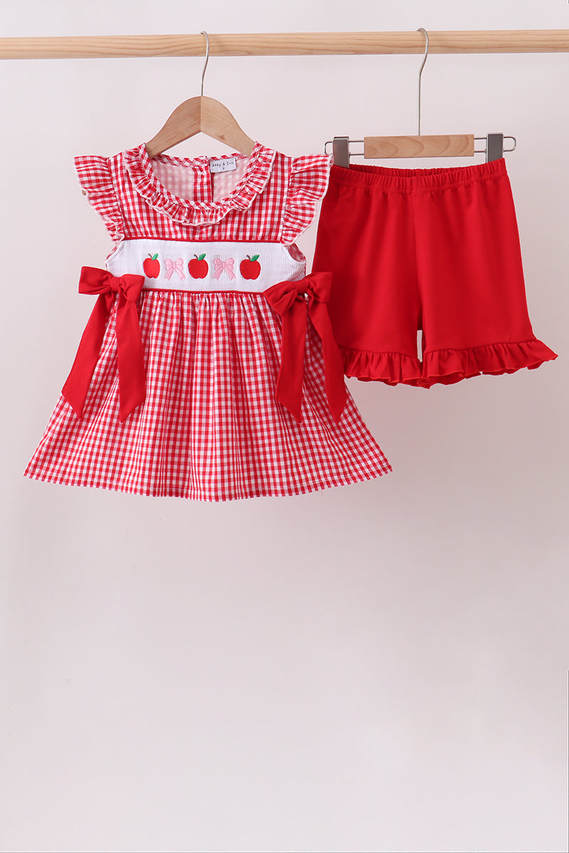 Red Apple Bow Smocked Gingham Ruffle Shorts Set - Aaria Tees Aaria Tees