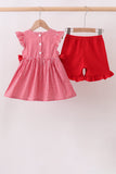 Red Apple Bow Smocked Gingham Ruffle Shorts Set - Aaria Tees Aaria Tees