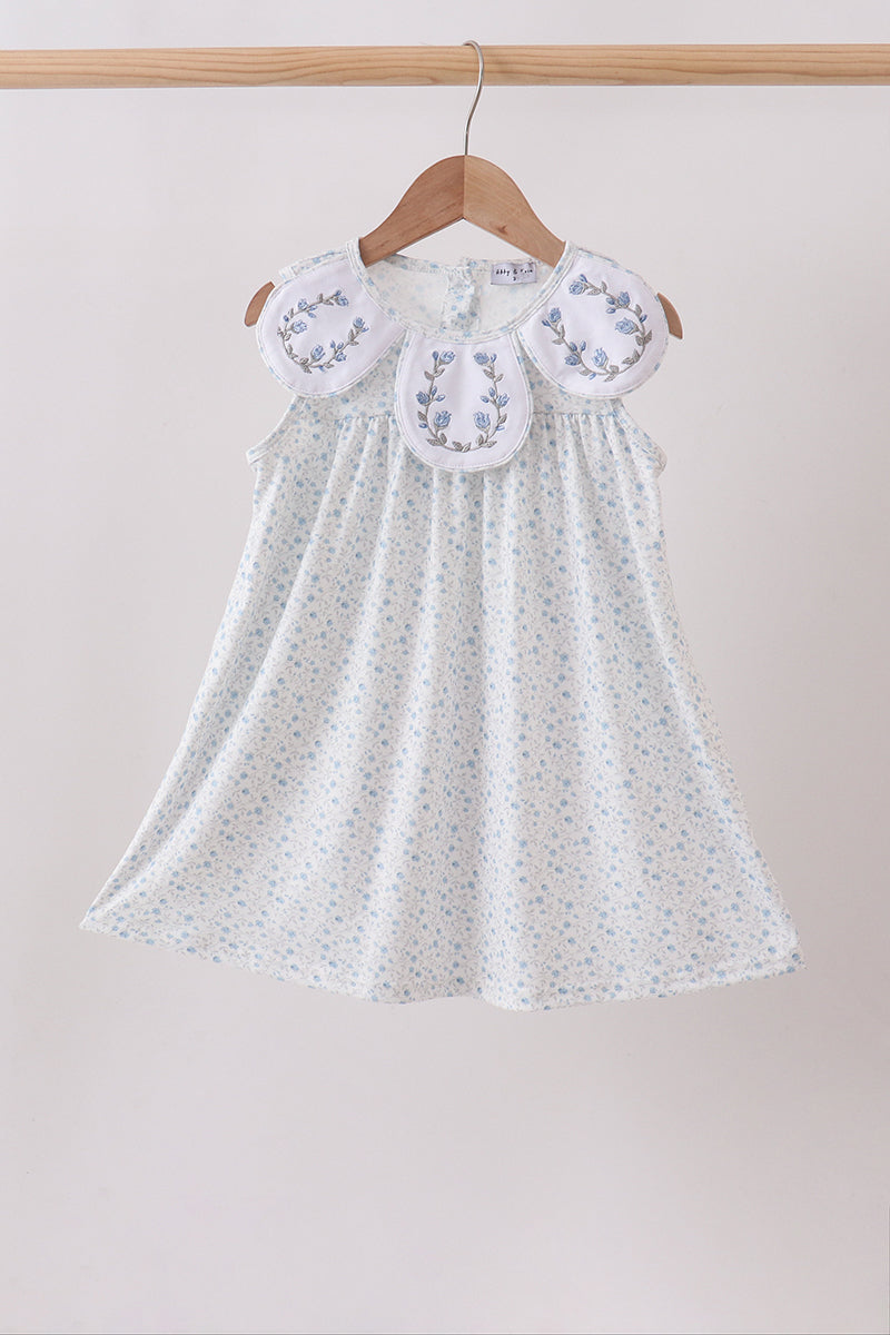 Blue Floral Embroidered Dress - Aaria Tees Aaria Tees