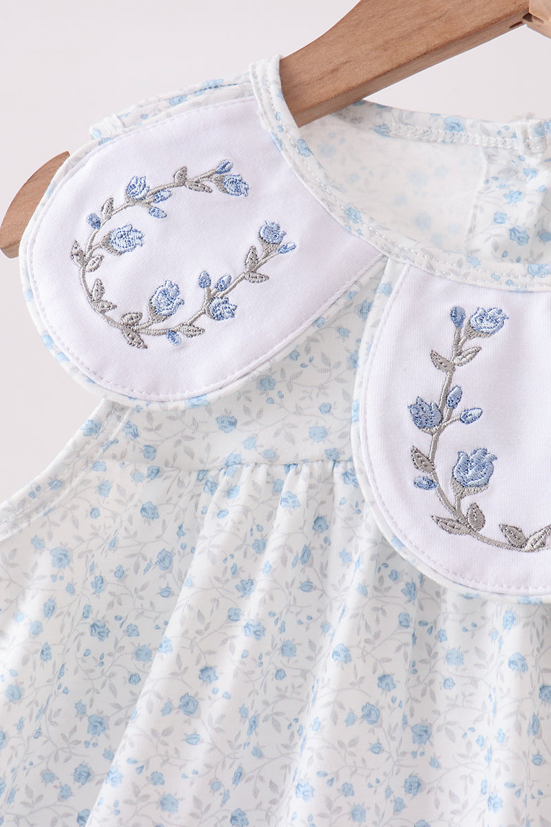 Blue Floral Embroidered Dress - Aaria Tees Aaria Tees