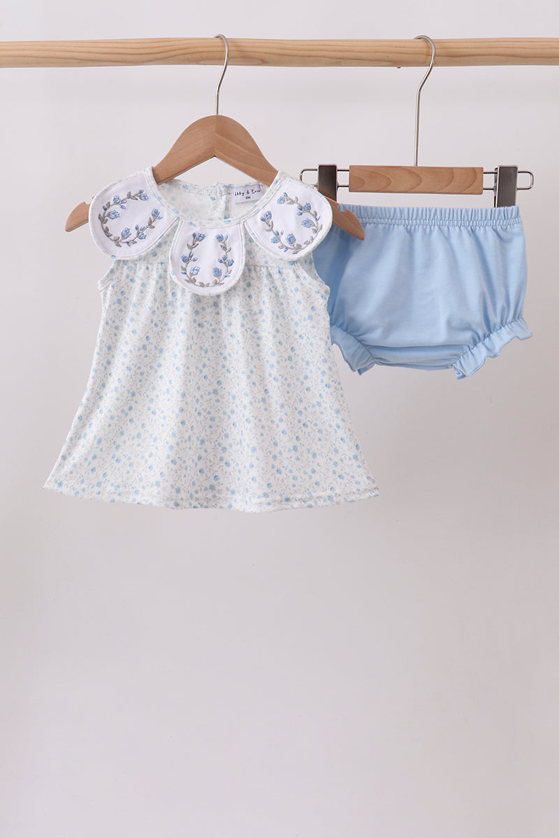Blue Floral Embroidered Bloomer Set - Aaria Tees Aaria Tees