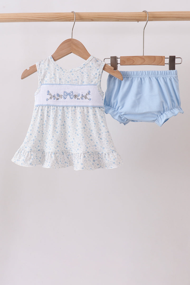 Blue Floral Smocked Ruffle Bloomer Set - Aaria Tees Aaria Tees