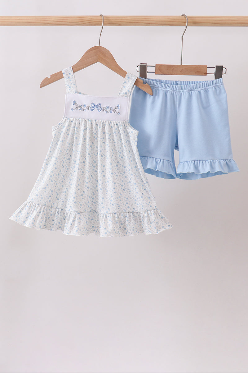 Blue Floral Embroidered Ruffle Shorts Set - Aaria Tees Aaria Tees