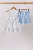 Blue Floral Embroidered Ruffle Shorts Set - Aaria Tees Aaria Tees