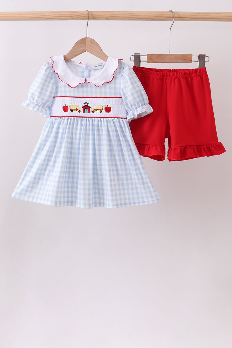 Blue School Bus Smocked Ruffle Shorts Set - Aaria Tees Aaria Tees