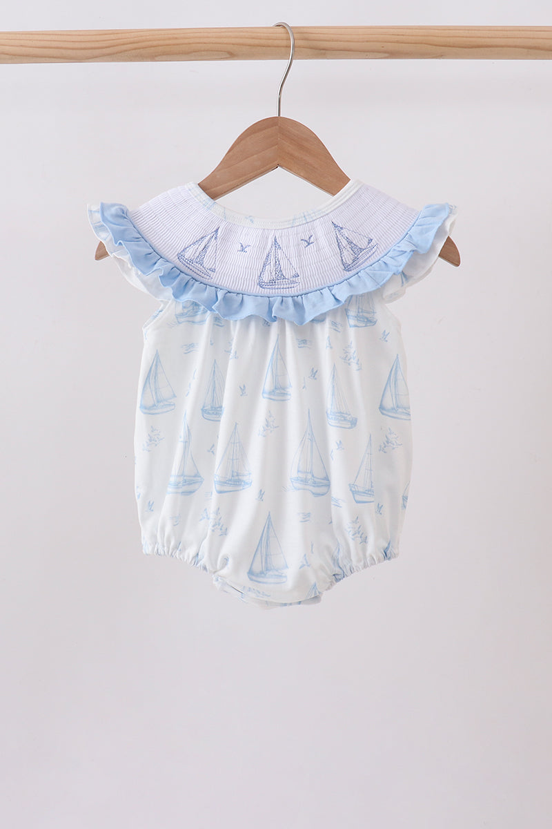 Blue Sailboat Smocked Ruffle Bubble - Aaria Tees Aaria Tees