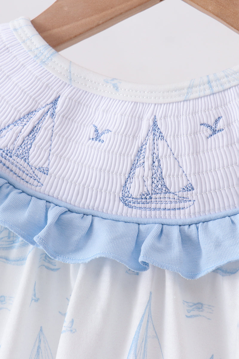 Blue Sailboat Smocked Ruffle Bubble - Aaria Tees Aaria Tees
