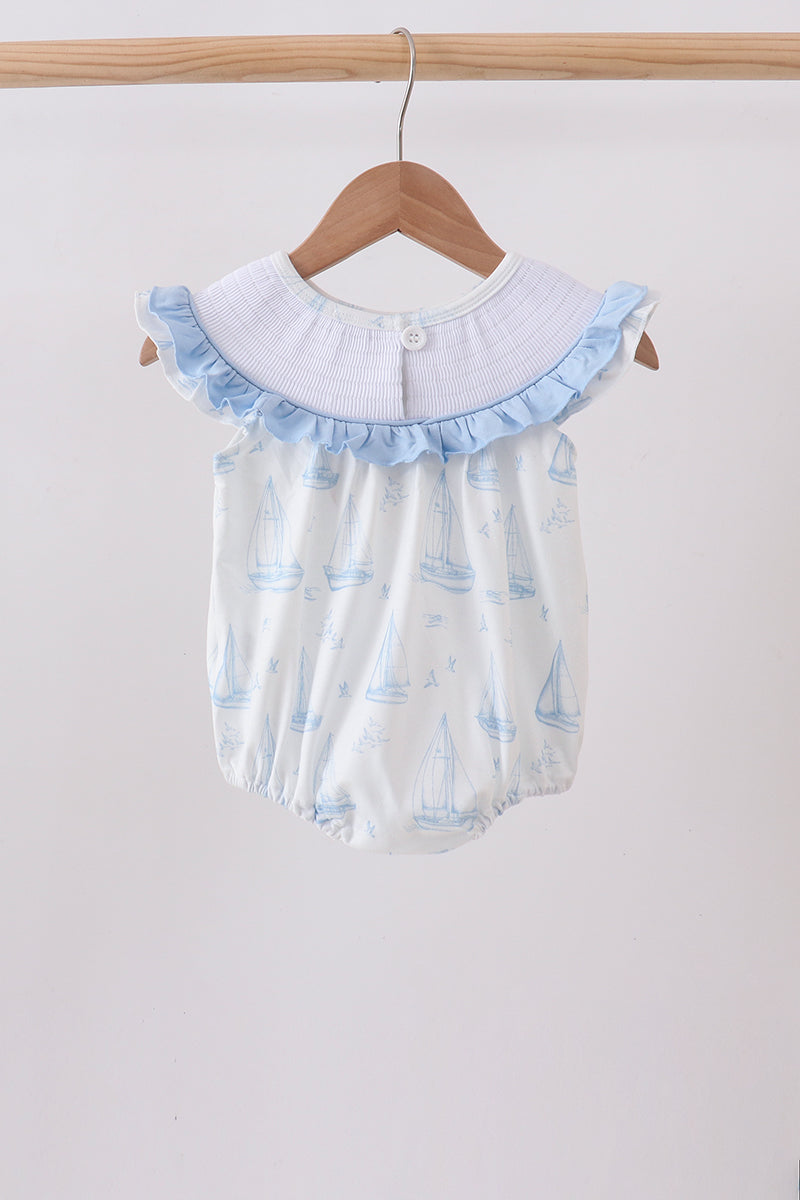 Blue Sailboat Smocked Ruffle Bubble - Aaria Tees Aaria Tees